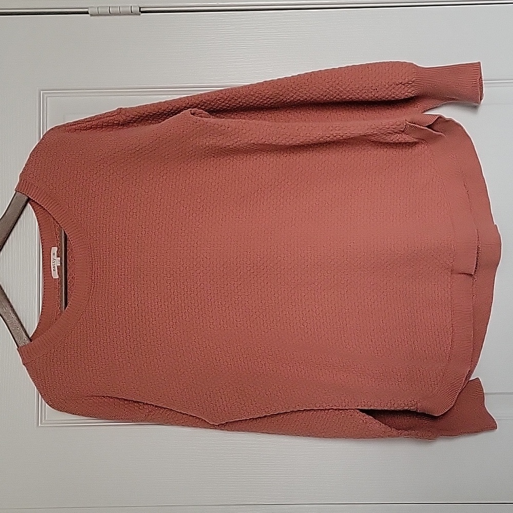 Matty M Coral Pink 100% Cotton Waffle Knit Rounded Neck Puffed Cuff Sweater